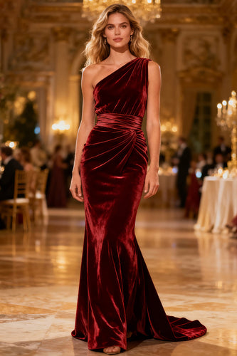 Burgundy Mermaid Ruched Velvet Long Holiday Party Dress