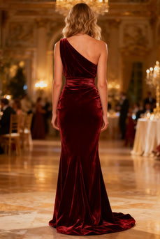 Burgundy Mermaid Ruched Velvet Long Holiday Party Dress