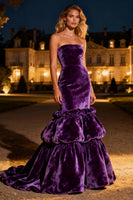 Load image into Gallery viewer, Purple Mermaid Tiered Velvet Long Holiday Party Dress with Ruffles