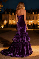 Load image into Gallery viewer, Purple Mermaid Tiered Velvet Long Holiday Party Dress with Ruffles