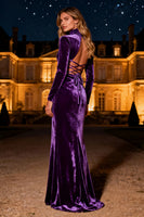 Load image into Gallery viewer, Purple Mermaid High Neck Long Velvet Holiday Party Dress