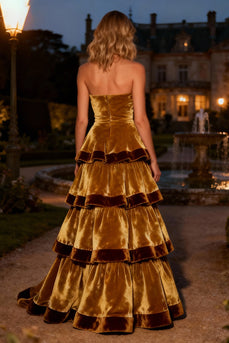 Brown Velvet Tiered A-Line Strapless Long Holiday Party Dress with Ruffles