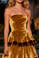 Load image into Gallery viewer, Brown Velvet Tiered A-Line Strapless Long Holiday Party Dress with Ruffles