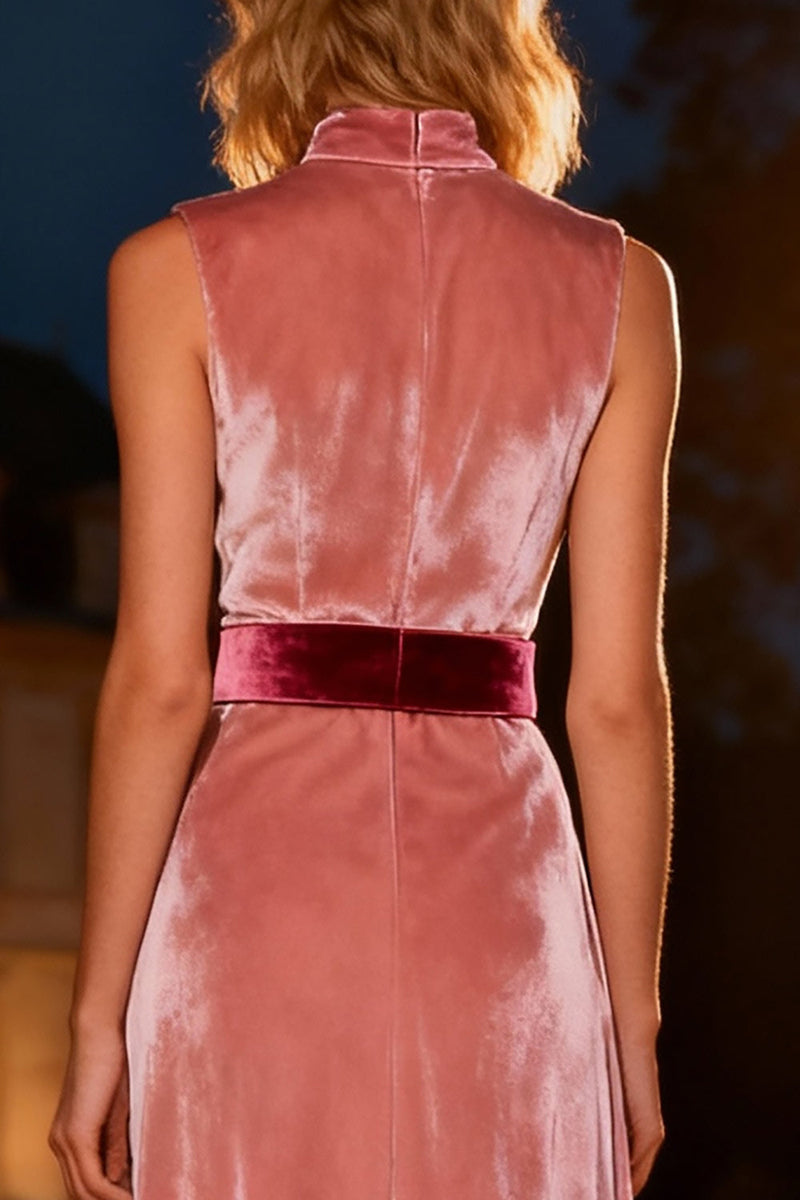 Load image into Gallery viewer, Pink Velvet High Neck Long Holiday Party Dress with Belt