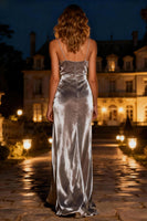 Load image into Gallery viewer, Velvet Silver Long Holiday Party Dress with Slit
