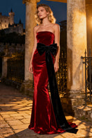 Load image into Gallery viewer, Burgundy Mermaid Velvet Long Holiday Party Dress with Bow