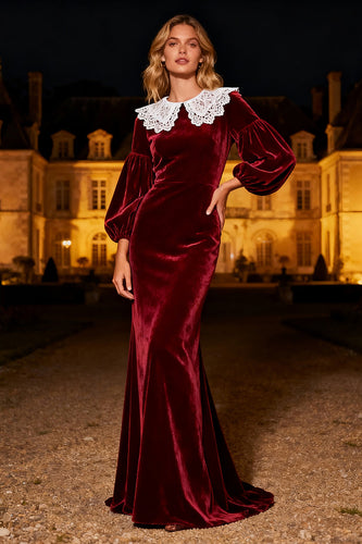 Burgundy Velvet Mermaid Maxi Holiday Party Dress with Lace