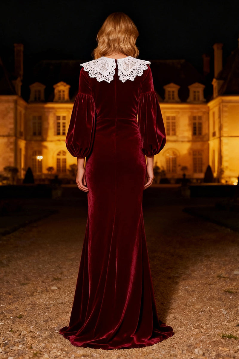 Load image into Gallery viewer, Burgundy Velvet Mermaid Maxi Holiday Party Dress with Lace