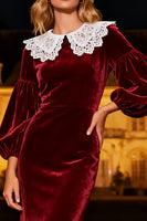 Load image into Gallery viewer, Burgundy Velvet Mermaid Maxi Holiday Party Dress with Lace