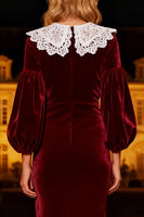 Load image into Gallery viewer, Burgundy Velvet Mermaid Maxi Holiday Party Dress with Lace