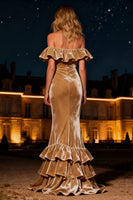 Load image into Gallery viewer, Champagne Velvet Tiered Mermaid Long Holiday Party Dress with Ruffles