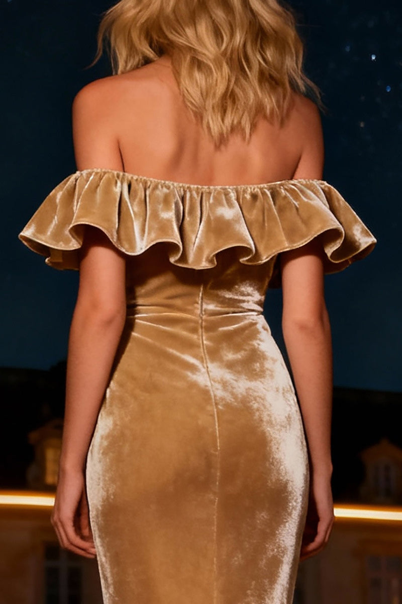 Load image into Gallery viewer, Champagne Velvet Tiered Mermaid Long Holiday Party Dress with Ruffles