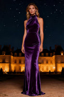 Load image into Gallery viewer, Purple Halter Neck Mermaid Long Velvet Holiday Party Dress