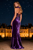 Load image into Gallery viewer, Purple Halter Neck Mermaid Long Velvet Holiday Party Dress