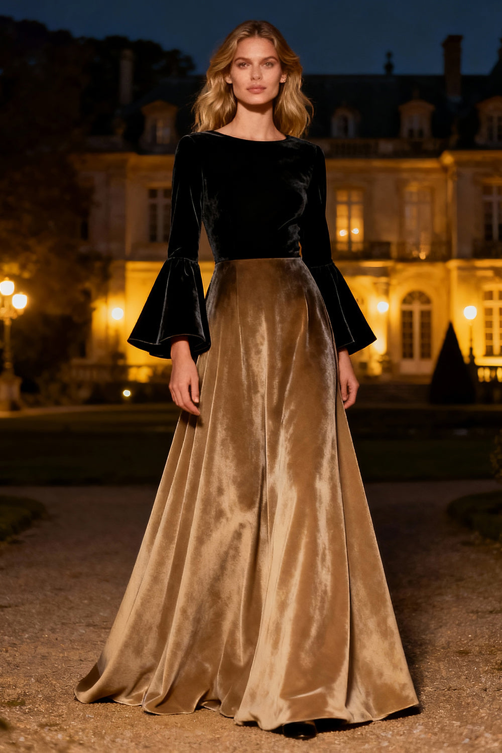 Black A-Line Flare Sleeves Velvet Long Holiday Party Dress