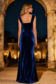 Royal Blue Mermaid Velvet Square Neck Long Holiday Party Dress with Slit