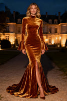 Load image into Gallery viewer, Brown Velvet Mermaid Ruffled Long Holiday Party Dress with Slit