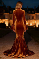 Load image into Gallery viewer, Brown Velvet Mermaid Ruffled Long Holiday Party Dress with Slit