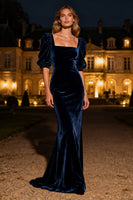 Load image into Gallery viewer, Navy Mermaid Square Neck Velvet Long Holiday Party Dress