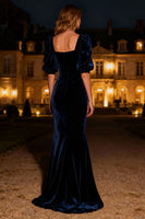 Load image into Gallery viewer, Navy Mermaid Square Neck Velvet Long Holiday Party Dress