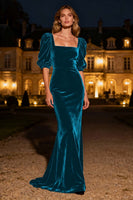 Load image into Gallery viewer, Navy Mermaid Square Neck Velvet Long Holiday Party Dress