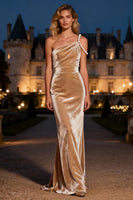 Load image into Gallery viewer, Sparkly Champagne Velvet Mermaid Long Holiday Party Dress with Pearls