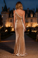 Load image into Gallery viewer, Sparkly Champagne Velvet Mermaid Long Holiday Party Dress with Pearls