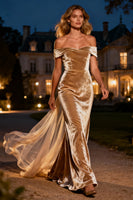 Load image into Gallery viewer, Champagne Velvet Mermaid Maxi Holiday Party Dress with Cape