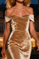 Load image into Gallery viewer, Champagne Velvet Mermaid Maxi Holiday Party Dress with Cape