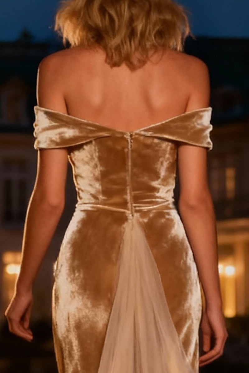 Load image into Gallery viewer, Champagne Velvet Mermaid Maxi Holiday Party Dress with Cape