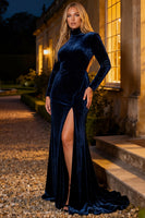 Load image into Gallery viewer, Navy Velvet Mermaid Long Holiday Party Dress with Slit