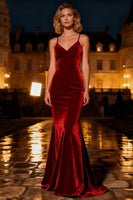 Load image into Gallery viewer, Burgundy Mermaid Spaghetti Straps Long Velvet Holiday Party Dress