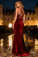 Load image into Gallery viewer, Burgundy Mermaid Spaghetti Straps Long Velvet Holiday Party Dress