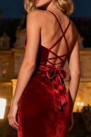 Load image into Gallery viewer, Burgundy Mermaid Spaghetti Straps Long Velvet Holiday Party Dress