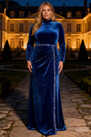 Load image into Gallery viewer, Royal Blue Long Sleeves Mermaid Maxi Velvet Holiday Party Dress with Beading