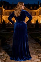 Load image into Gallery viewer, Royal Blue Long Sleeves Mermaid Maxi Velvet Holiday Party Dress with Beading
