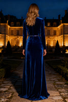 Load image into Gallery viewer, Royal Blue Long Sleeves Mermaid Maxi Velvet Holiday Party Dress with Beading