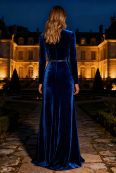 Royal Blue Long Sleeves Mermaid Maxi Velvet Holiday Party Dress with Beading