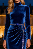 Load image into Gallery viewer, Royal Blue Long Sleeves Mermaid Maxi Velvet Holiday Party Dress with Beading