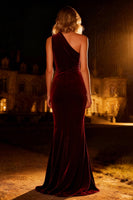 Load image into Gallery viewer, Burgundy Velvet Mermaid One Shoulder Long Holiday Party Dress with Keyhole