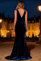 Load image into Gallery viewer, Navy V-Neck Ruched Mermaid Long Velvet Holiday Party Dress