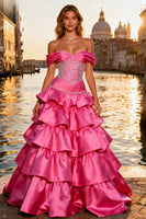 Load image into Gallery viewer, Sparkly Bright Pink Long Ruffled Prom Dress with Beadings