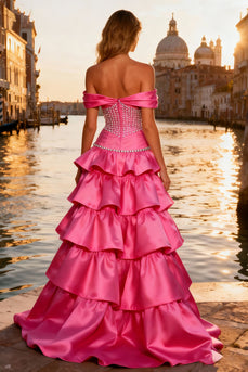Sparkly Bright Pink Long Ruffled Prom Dress with Beadings