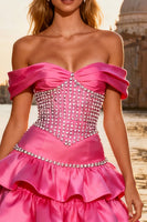 Load image into Gallery viewer, Sparkly Bright Pink Long Ruffled Prom Dress with Beadings