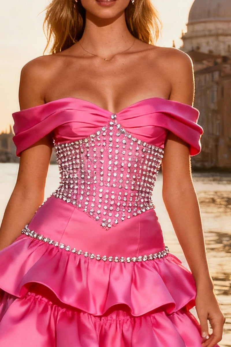 Load image into Gallery viewer, Sparkly Bright Pink Long Ruffled Prom Dress with Beadings