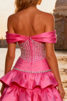 Load image into Gallery viewer, Sparkly Bright Pink Long Ruffled Prom Dress with Beadings