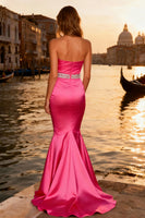 Load image into Gallery viewer, Sparkly Bright Pink Mermaid Strapless Long Prom Dress