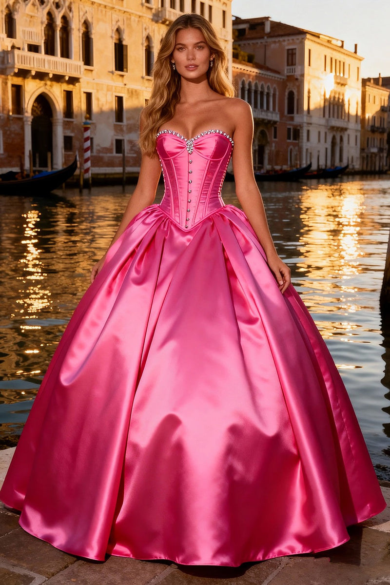 Queendancer Women Sparkly Bright Pink Maxi Prom Dress Sweetheart Beaded