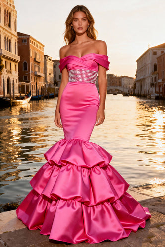 Sparkly Bright Pink Mermaid Long Prom Dress with Ruffles