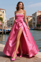 Load image into Gallery viewer, Bright Pink Pearls Strapless Long Prom Dress with Slit